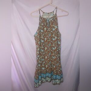 Brown Paisley Halter Sundress with Blue Accents ruffle tie neck S/m